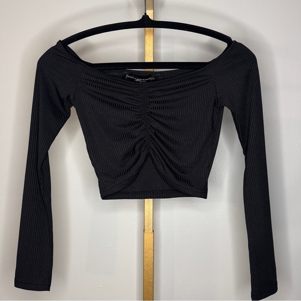 Black Ruched Off-Shoulder Crop Top
